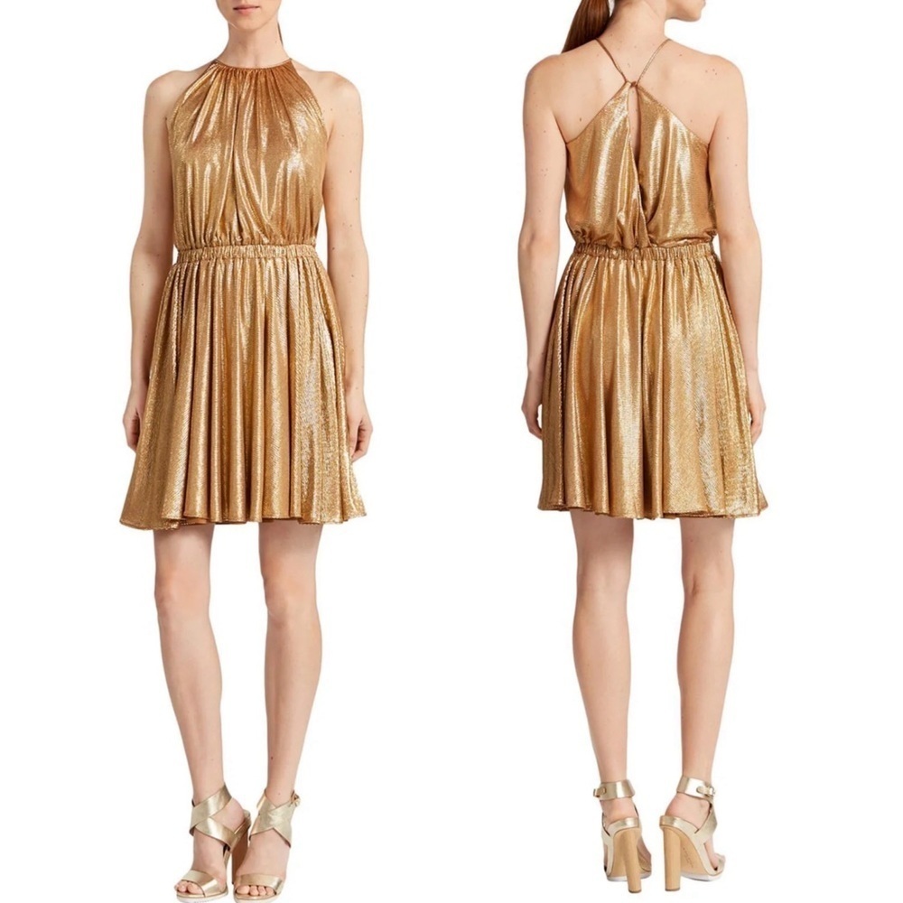 Halston Heritage Metallic Gold Textured Racerback Cocktail Dress XS NWT
